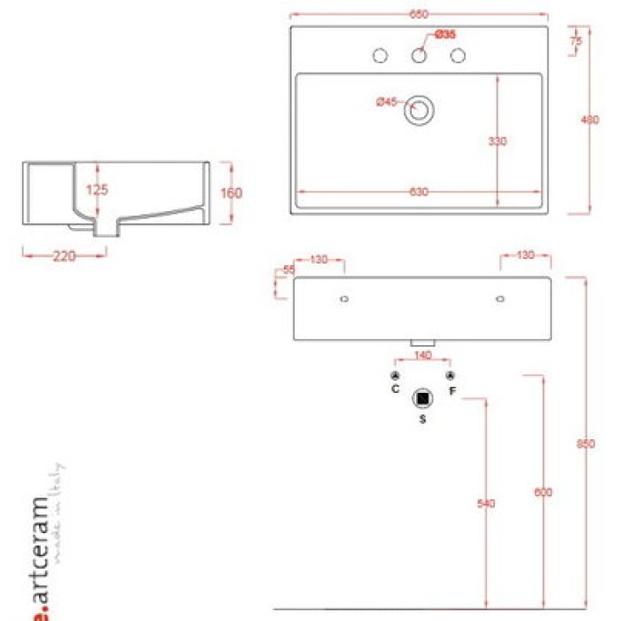 Керамическая раковина 65 см Artceram Quadro, white glossy (QUL003 01; 00)