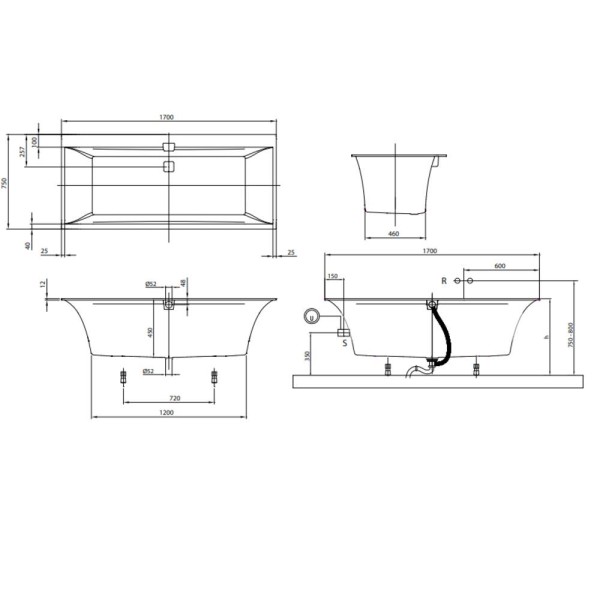 Ванна кварилова Villeroy&Boch Squaro Edge uBQ170SQE2DV-01 170х75 см з ніжками