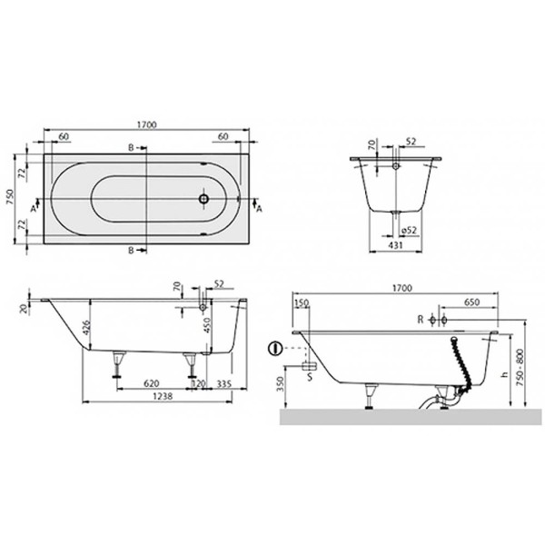 Ванна кварилова Villeroy&Boch Oberon uBQ170OBE2V-01 170х75 см з ніжками