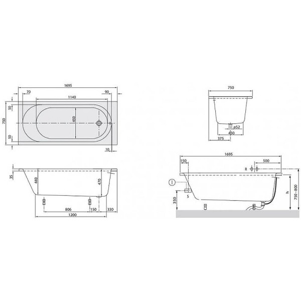 Ванна акрилова Villeroy&Boch O. Novo/Cassandra uBA170CAS2V-01 170x75 см