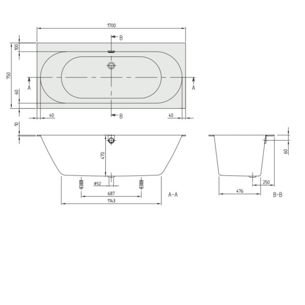 Ванна кварилова Villeroy&Boch Oberon 2.0 uBQ170OBR2DV-01 170х75 см