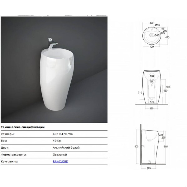 Раковина RAK Ceramics Cloud CLOFS5001AWHA підлогова монолітна