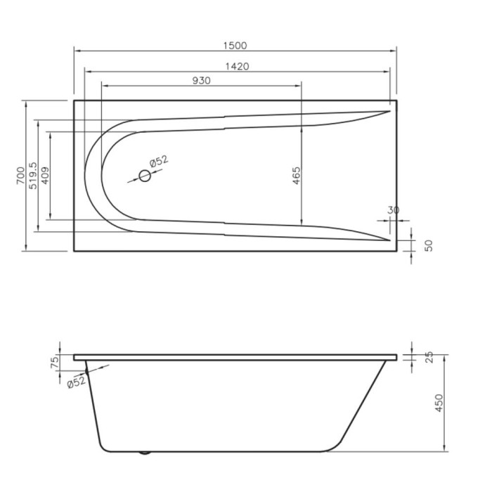 Ванна акрилова Vayer Boomerang 150x70 см посилений борт, з ніжками WBW001