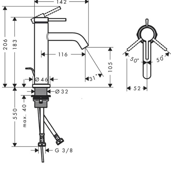 Змішувач для раковини Hansgrohe Tecturis S 73310670 з донним клапаном, чорний матовий