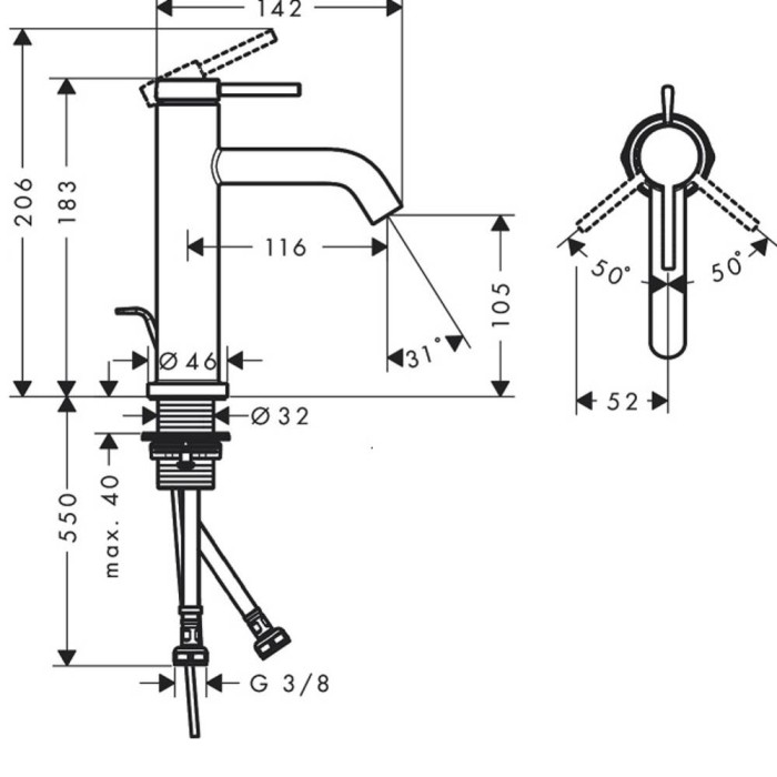 Змішувач для раковини Hansgrohe Tecturis S 73310670 з донним клапаном, чорний матовий