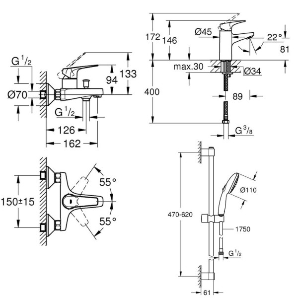 Набір змішувачів для ванни та раковини Grohe Bau Flow UA121624S1 3 в 1