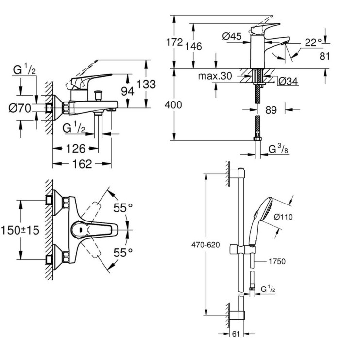 Набір змішувачів для ванни та раковини Grohe Bau Flow UA121624S1 3 в 1 Набір змішувачів для ванни та раковини Grohe Bau Flow UA121624S1 3 в 1