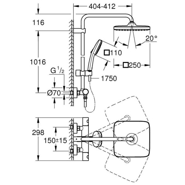 Душова система Grohe Tempesta System 250 Cube 266892431 з термостатом, чорний матовий