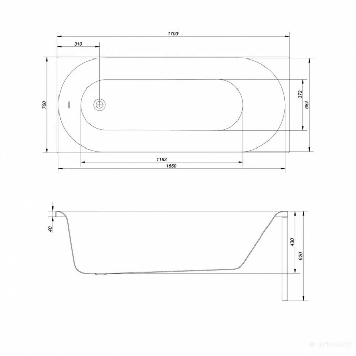 Ванна акрилова Cersanit Octavia 170x70 см з ніжками PW01