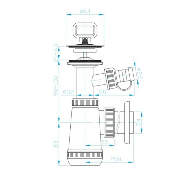 Cифон для раковини Devit DV1N332 пластиковий з накладкою та виходом для пральних машин, випуск 32 мм, хром