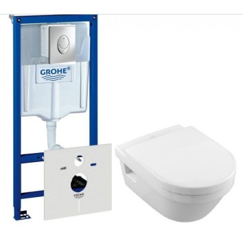 Комплект 4 в 1 инсталляция Grohe Rapid SL 38721001 с клавишей смыва и унитазом Villeroy & Boch Architectura Direct Flush 5684HR01 с сидением soft-close