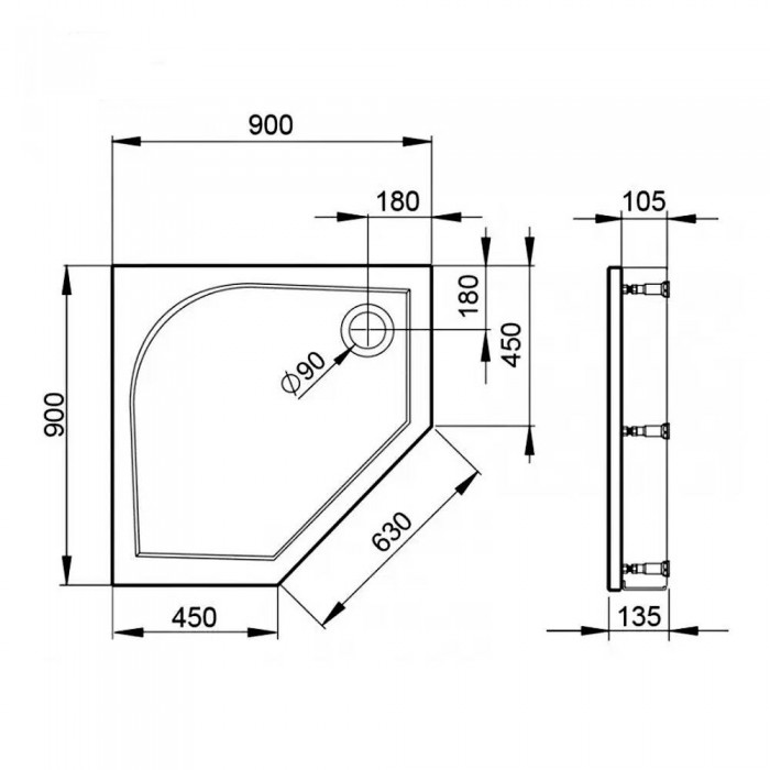 Поддон Devit Universal FTR4209 душевой 90х90 (пятиугольный), с ножками, панелью, сифоном