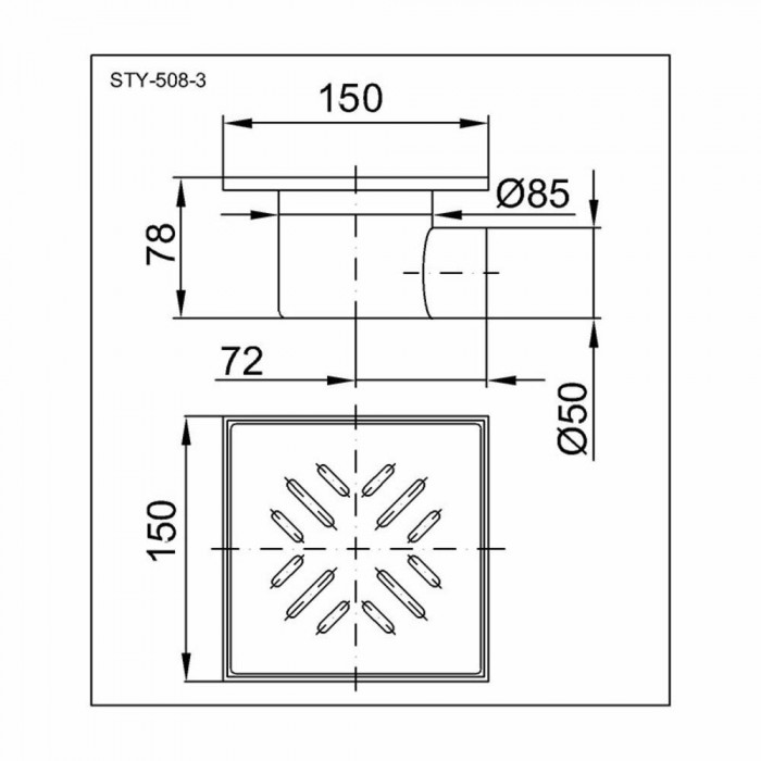 Душовий трап Styron STY-508-3 з решіткою 150х150 мм