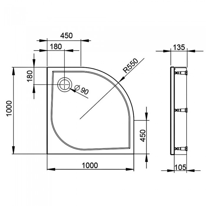 Поддон Devit Universal FTR4010 душевой 100х100 (четверть круга), с ножками, панелью, сифоном