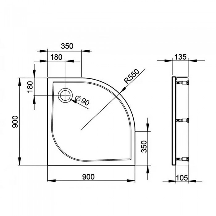 Поддон Devit Universal FTR4009 душевой 90х90 (четверть круга), с ножками, панелью, сифоном