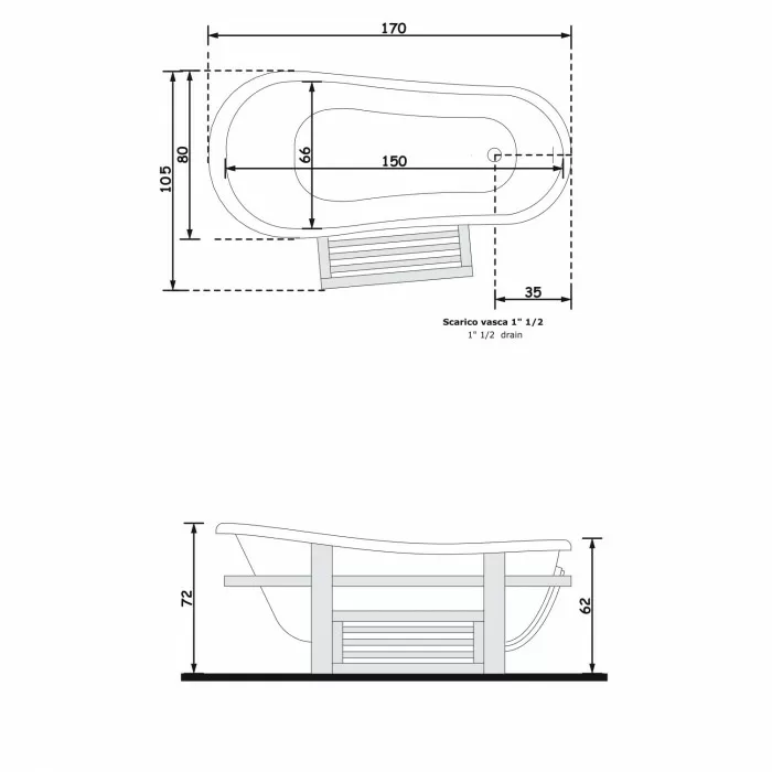 Gruppo Treesse Epoca One Top Ванна в классическом стиле 170x80xh73 см, цвет белый, венге