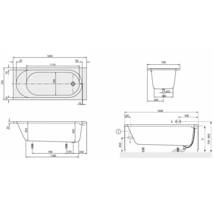 Ванна акриловая Villeroy&Boch O.NOVO UBA160CAS2V-01