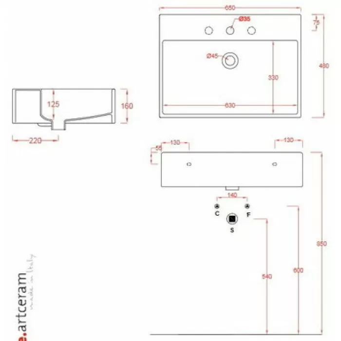 Керамическая раковина 65 см Artceram Quadro, white glossy (QUL003 01;00)
