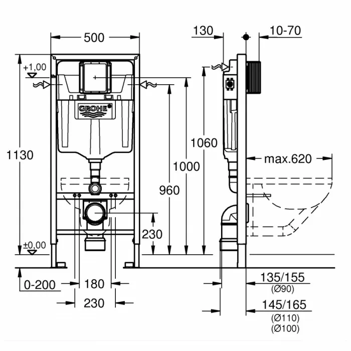 Комплект инсталляция Grohe Rapid SL 38772001 с подвесным унитазом LAUFEN PRO Rimless H820966 и сидением slow-closing и кнопкой смыва